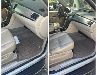 Before and after photo of an Interior Detail Job. Mats, Seats, and all surfaces were cleaned.