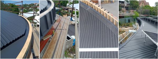 Curved metal roofing installation in progress on a residential building.