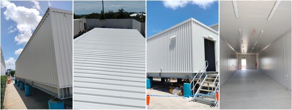 Exterior and interior views of a white modular building.
