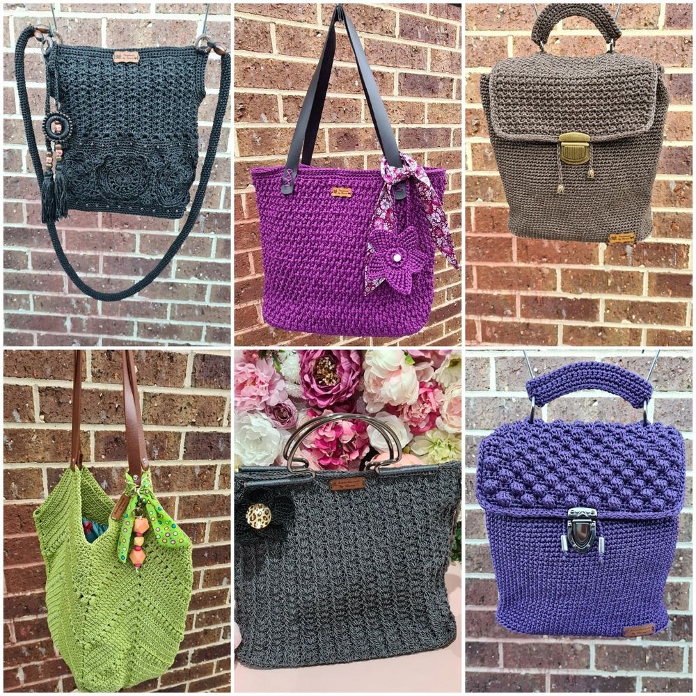 Collection of six colorful handmade crochet handbags against brick walls.