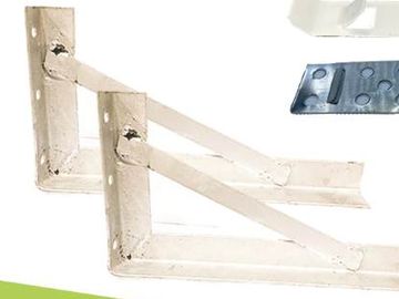 Two beige metal brackets with diagonal support arms.