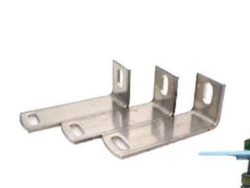 Three metal L-shaped brackets with mounting holes on a white background.