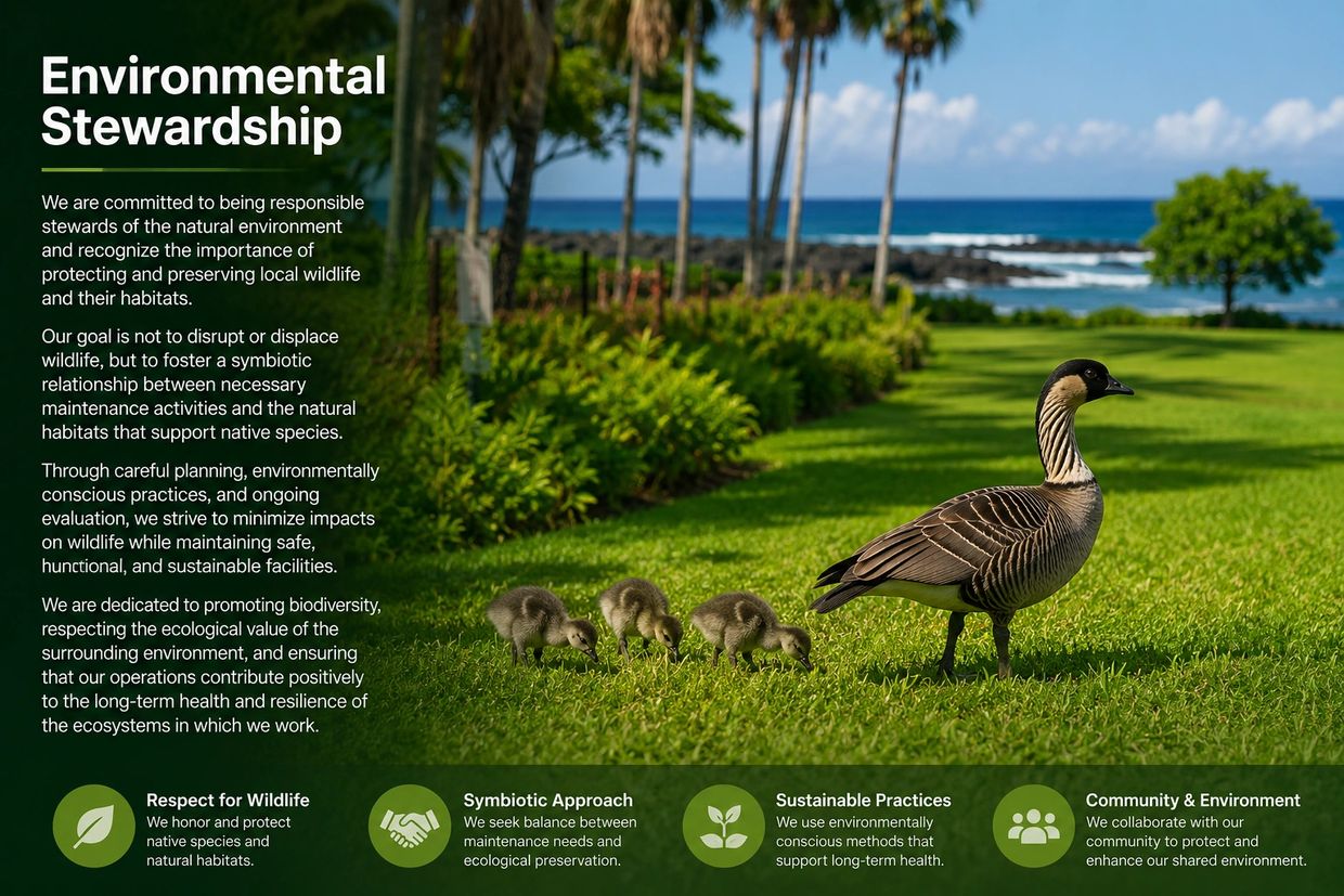 A goose with goslings on green grass by the ocean, highlighting environmental stewardship.