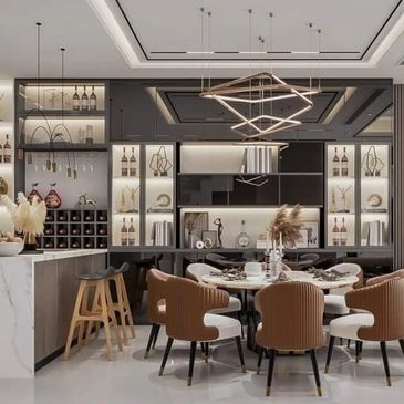 Modern open-concept kitchen and dining area with stylish lighting and decor.