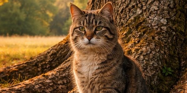 A tabby cat sitting by a tree in a sunlit outdoor setting.