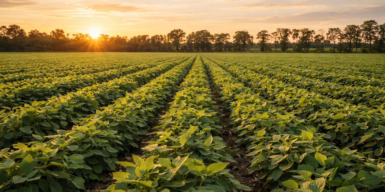 Sunset over a lush green crop field with rows of plants stretching towards the horizon.