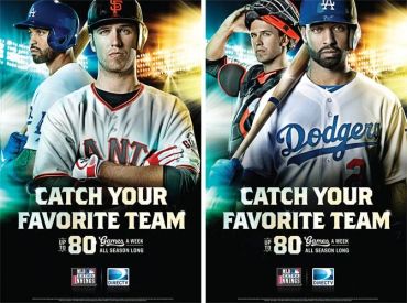 Baseball players from Giants and Dodgers with promotional text.