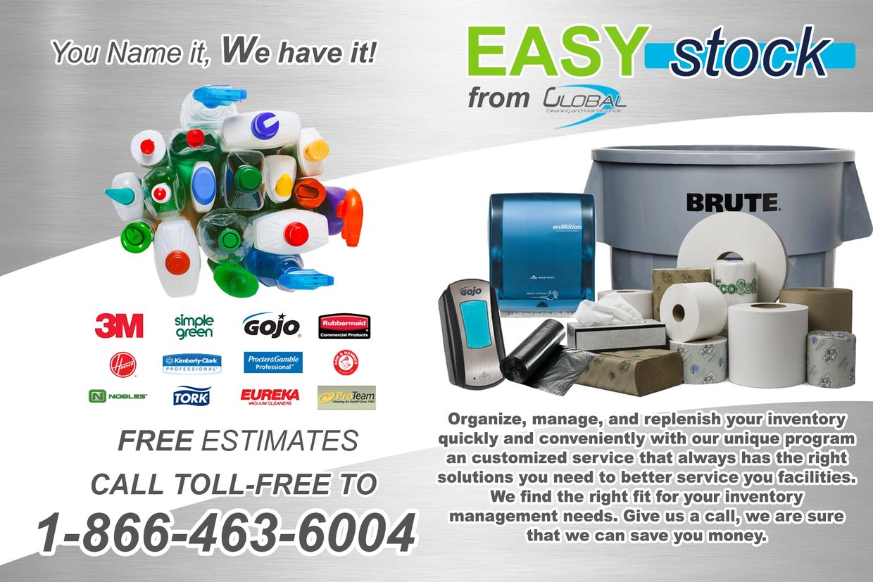 Cleaning supplies and services offered with free estimates and toll-free contact.