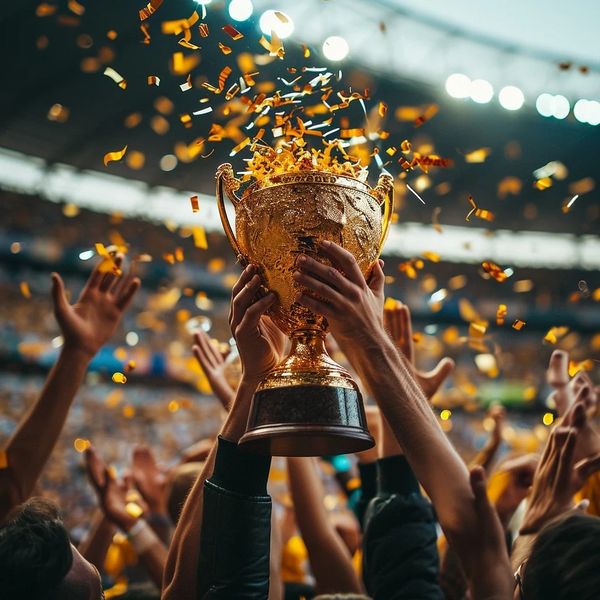 Hands lifting a golden trophy amid celebratory confetti in a stadium.