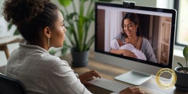 A woman video calls a mother holding her baby on a computer.