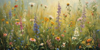 A vibrant meadow filled with diverse wildflowers in soft, warm light.