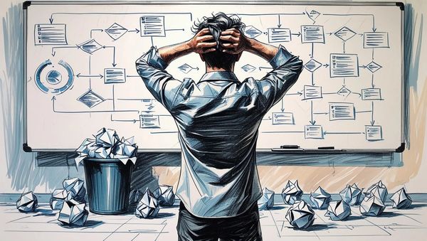 Man frustrated with complex flowchart and crumpled papers around.