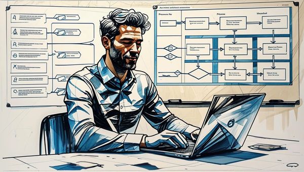 Man working on laptop with complex flowcharts on whiteboard behind.