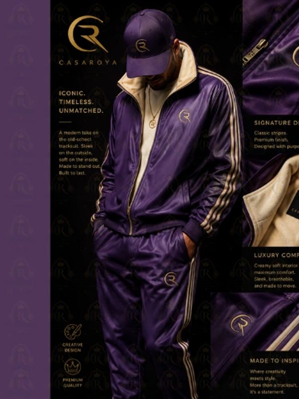 Man wearing a purple tracksuit with white stripes and a matching cap.