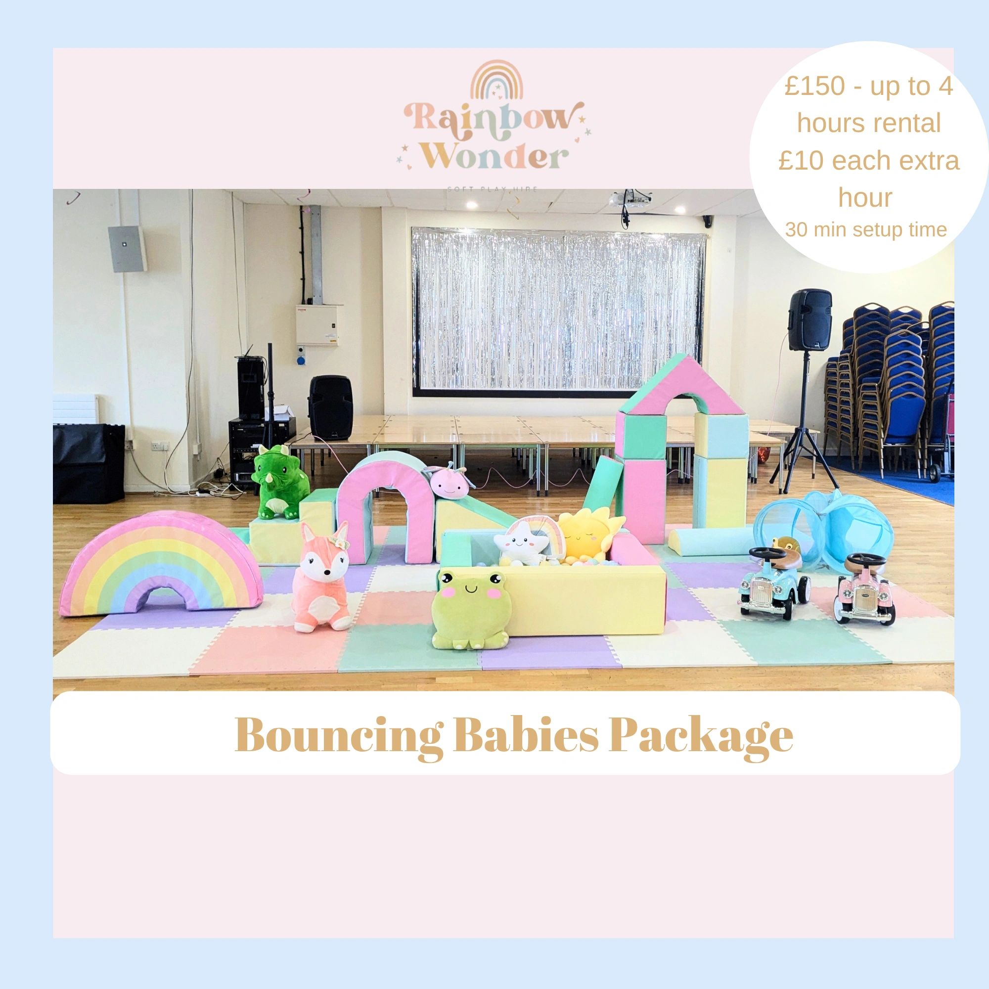 Colorful soft play area with toys and rental pricing details.
