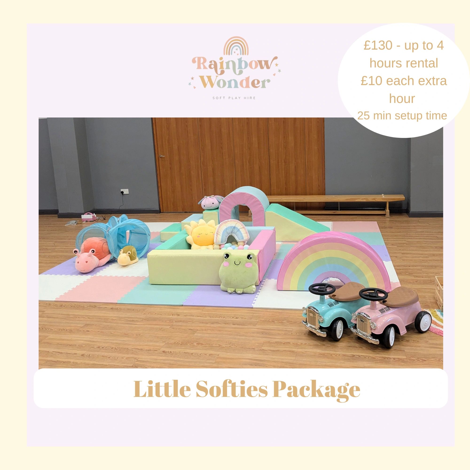 Soft play area with colorful toys and pastel mats for kids.