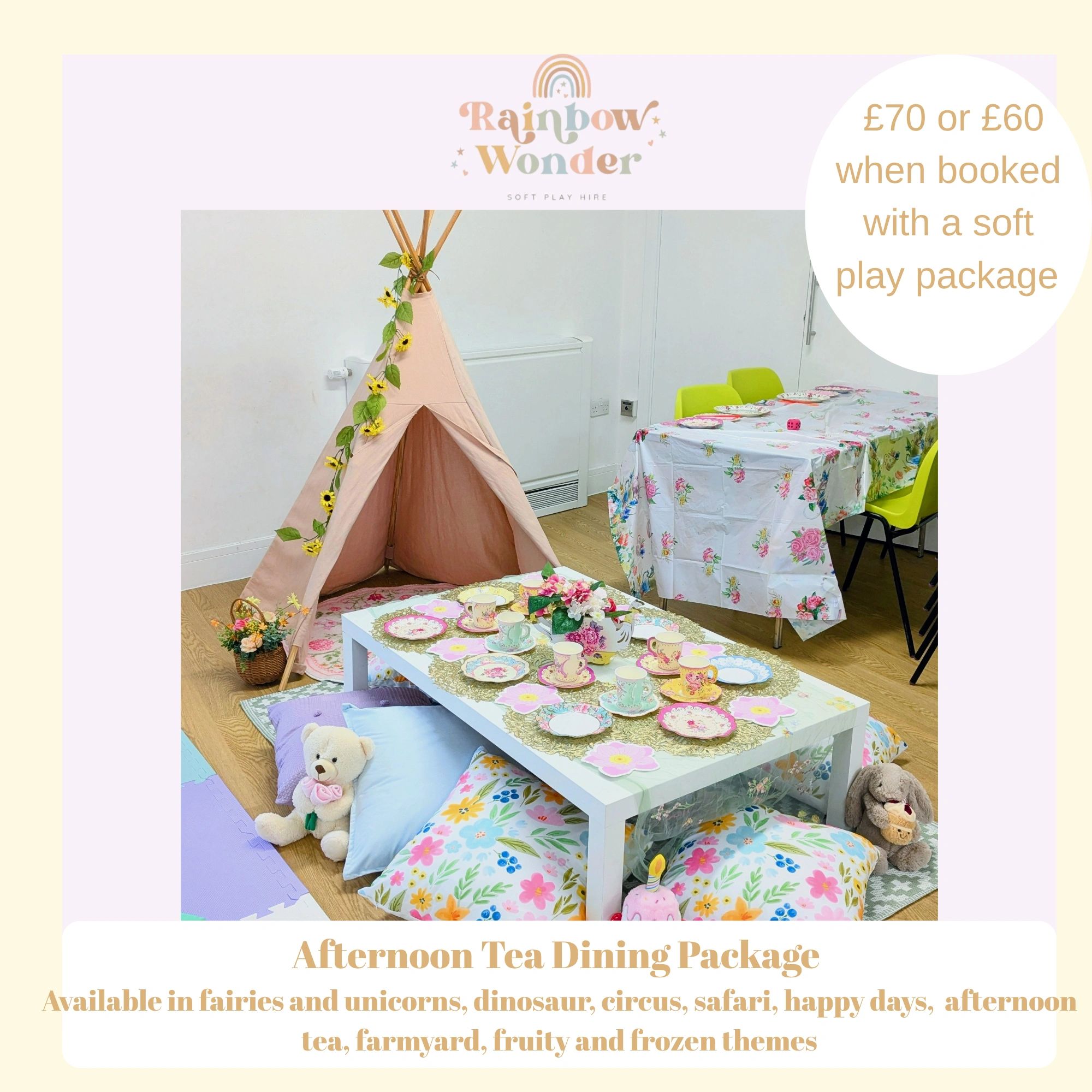 Children's afternoon tea setup with floral decor and a play tent.