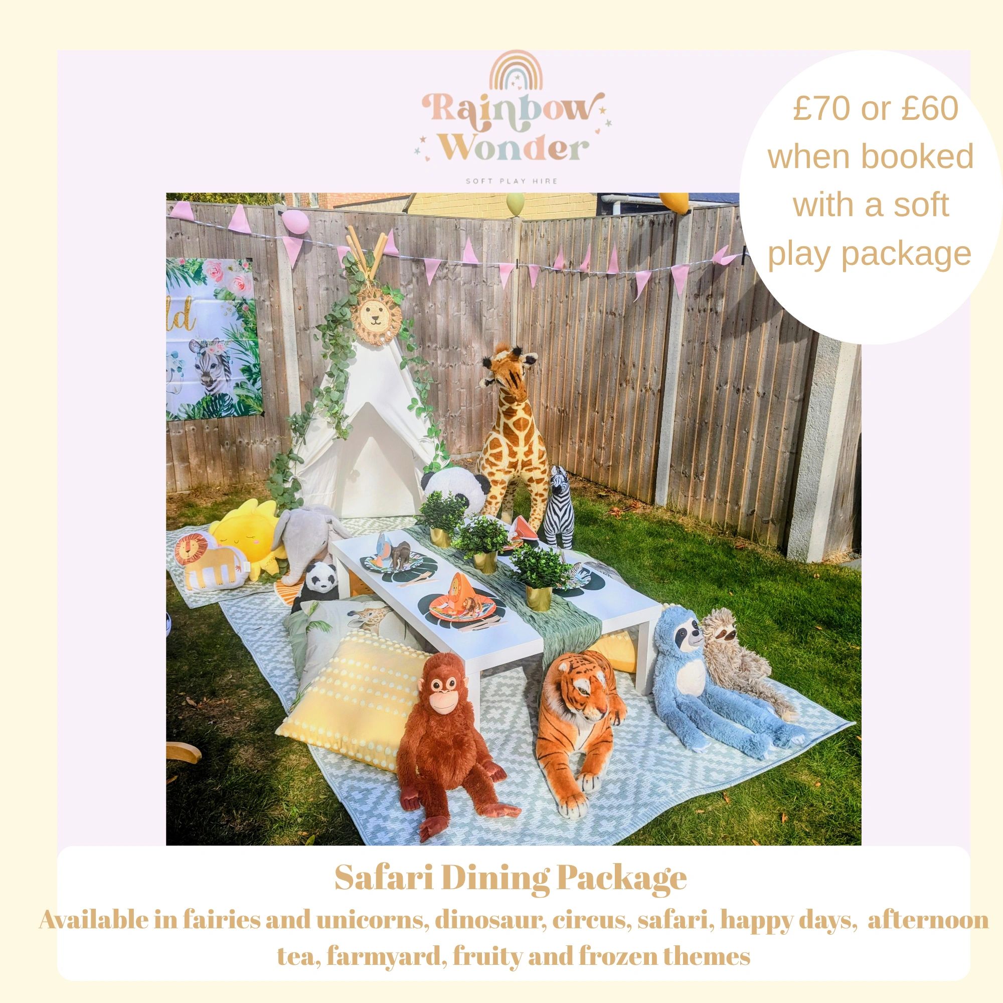 Outdoor safari-themed kids' dining setup with plush animals and a teepee.