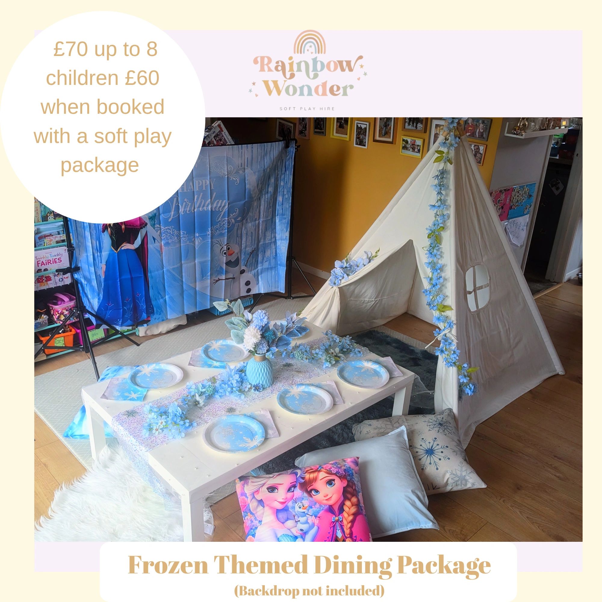 Frozen themed dining setup with cushions, tableware, and a teepee tent.