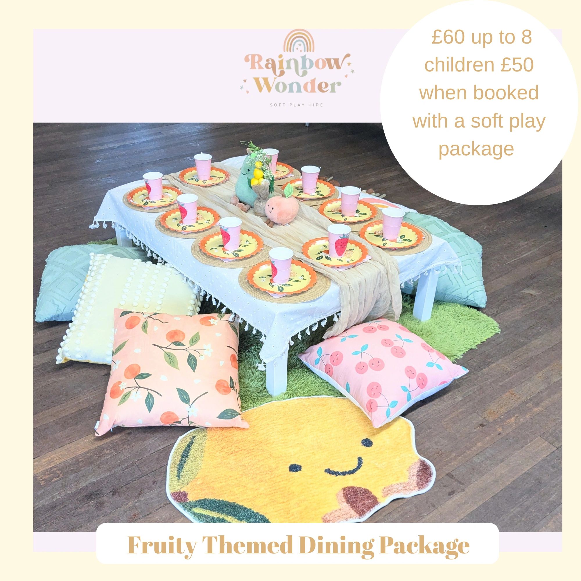 Fruity themed dining setup with colorful cushions and plates for kids.