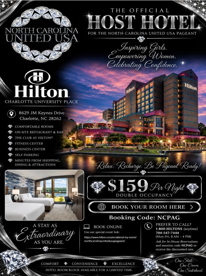 Hilton Charlotte University Place hosts North Carolina United USA pageant, $159 per night.