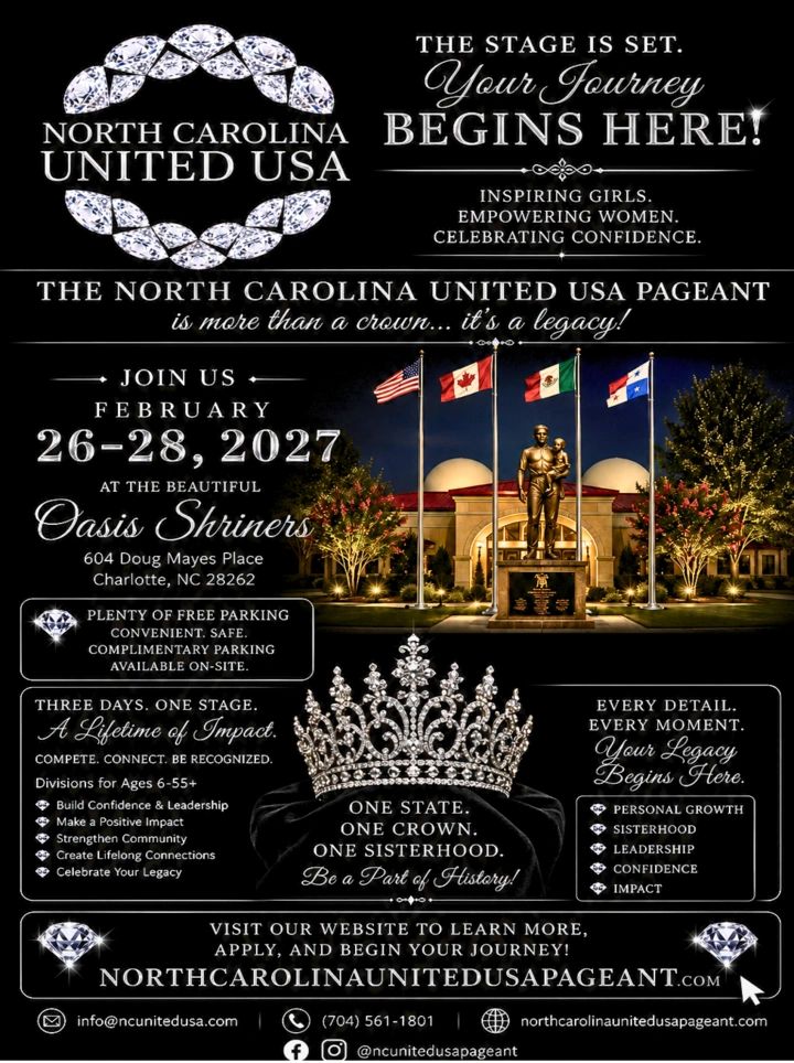 Flyer for North Carolina United USA pageant happening February 26-28, 2027.