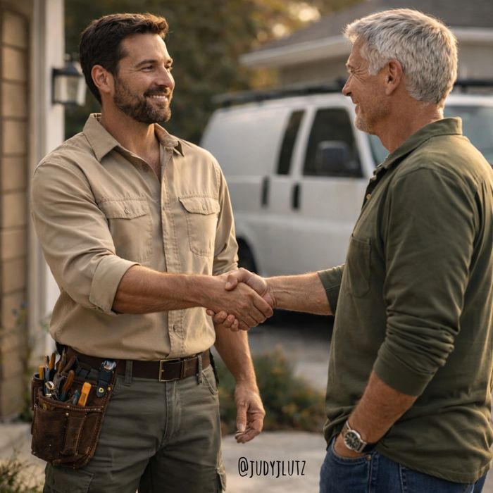 Two men shaking hands outside a home, one wearing tradesman clothes, with a service vehicle nearby.