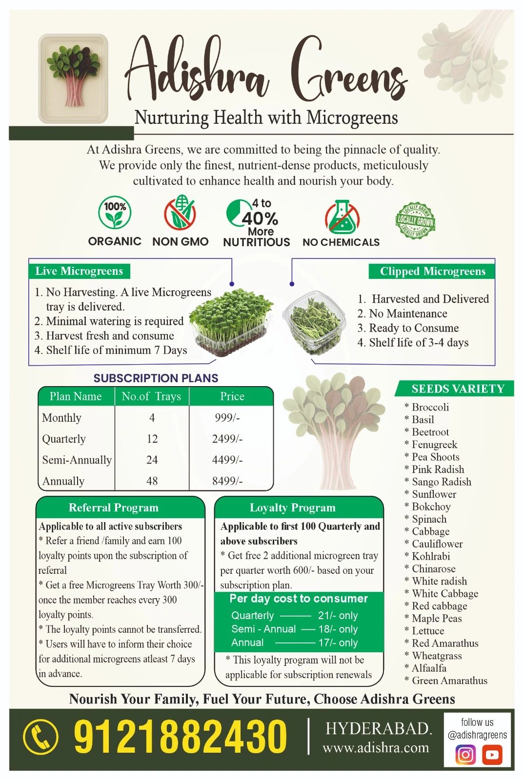 Adishra Greens offers fresh, organic microgreens with subscription plans and loyalty programs.