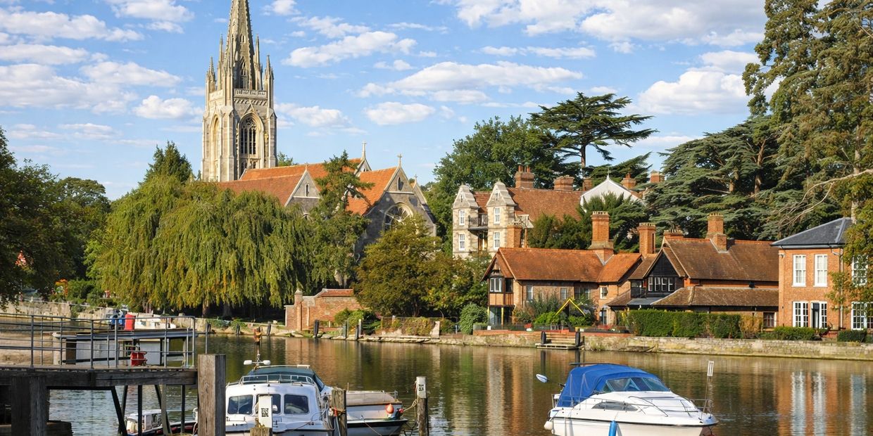 Boats docked on a river with historic buildings and a church spire in the background.