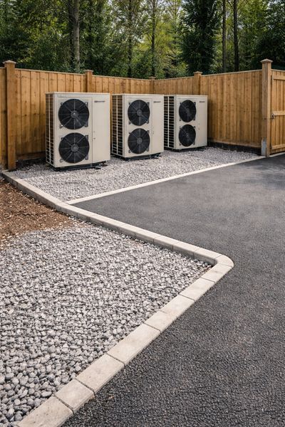 Air source heat pump installation on concrete base with drainage and gravel surround