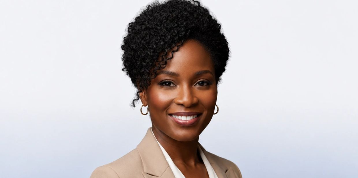 Confident woman with curly hair smiling, dressed in a beige blazer.