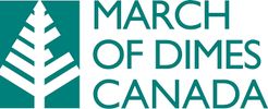 Logo of March of Dimes Canada with a stylized white tree on teal background.