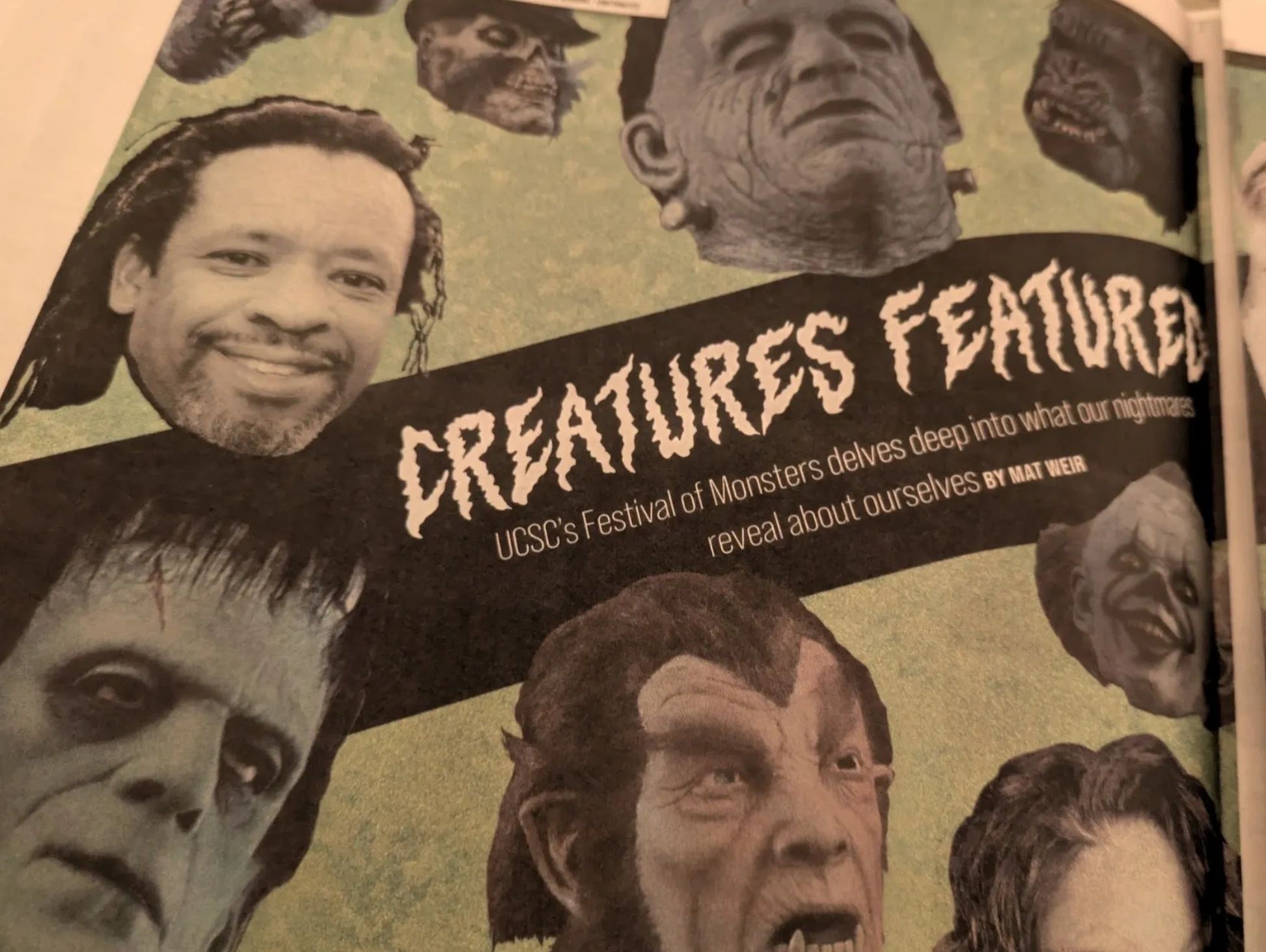 Magazine page titled 'Creatures Featured' with various monster faces and a smiling man.