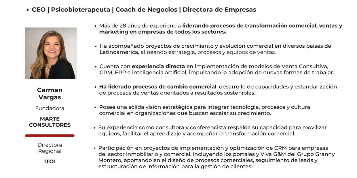 Perfil profesional de Carmen Vargas, CEO y consultora con amplia experiencia en transformación comercial.