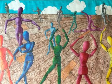 Colorful drawing manikins dancing on a wood grain floor with puffy white clouds on a blue horizon. 
