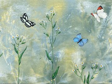 A painting of a meadow filled with wild daisies and dancing butterflies. 