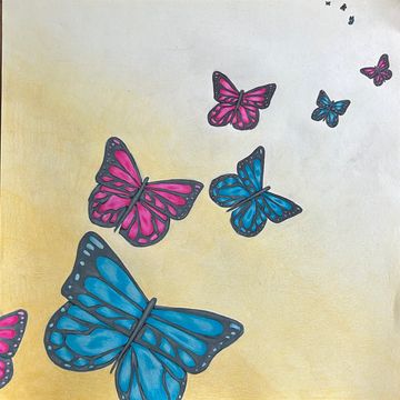 A flight of teal and magenta butterflies flying diagonally over a yellow background. 