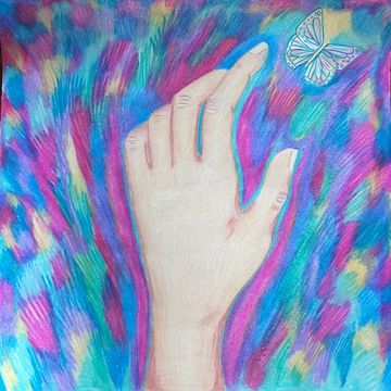 A hand outstretched over a myriad of colors reaching for a ghost butterfly. 