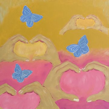 Hands in the shape of hearts entertained with periwinkle butterflies. 