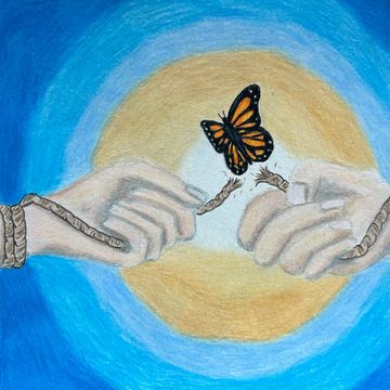 Two hands pulling on a rope that has been severed. A Monarch butterfly flies away from the break. 