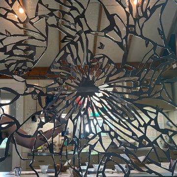 A butterfly image under shards of mirrored glass showing fragmented parts of butterflies. 