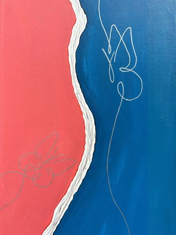 Abstract painting with red and blue sides separated by a white wavy line.