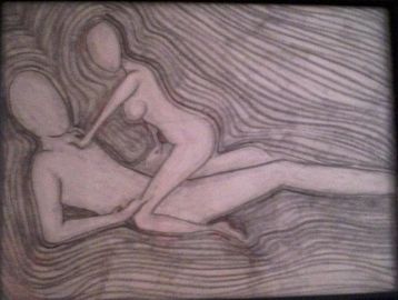 A drawing a female seducing a male silhouette.