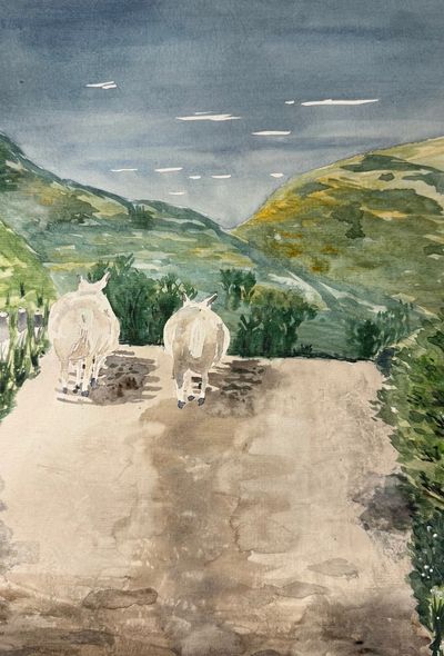 Watercolor painting of two sheep walking on a path between green hills under a cloudy sky.