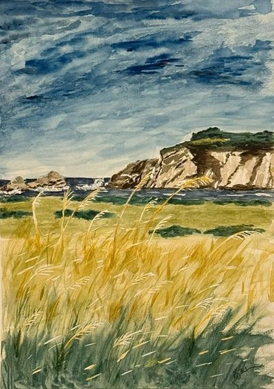 Watercolor painting of a coastal landscape with grassy foreground and rocky cliffs.