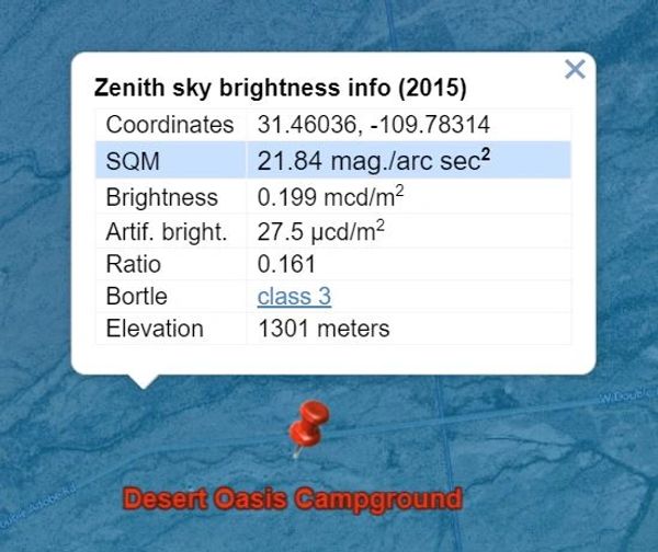 Zenith Sky Brightness for the Desert Oasis Campground. The area around the campground is a Bortle 3.