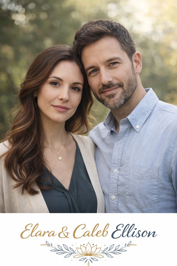 Portrait of a couple, Elara and Caleb Ellison, outdoors with warm natural light.