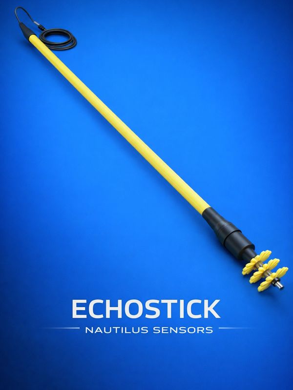 Yellow Echostick sensor tool by Nautilus Sensors on blue background.