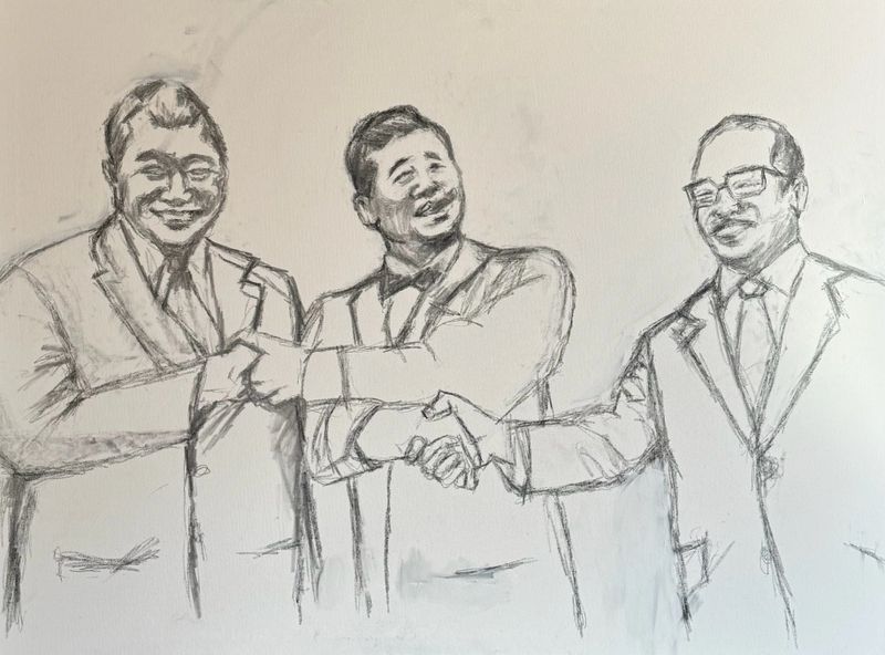  A hand-drawn interpretation of a moment in Lao history — The Three Princes, 1962 by Tune Insisiengmay