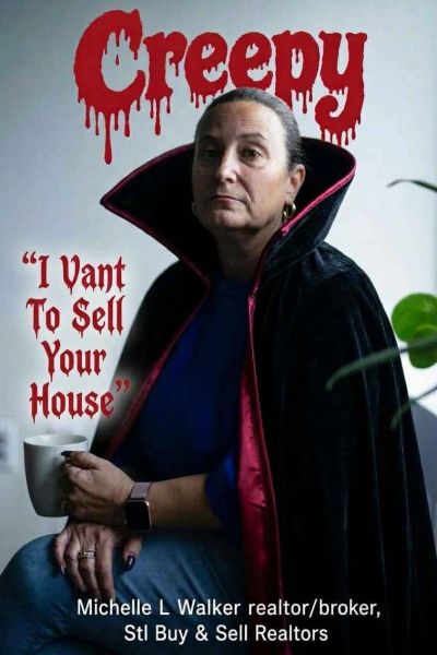 Realtor in vampire cape with coffee, labeled 'Creepy' wanting to sell your house.